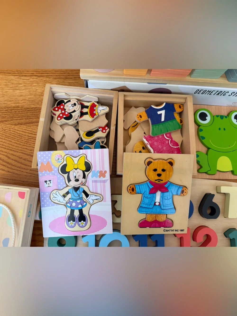 Children’s wooden toys puzzle numbers wagon stackable shapes ball toddler Minnie